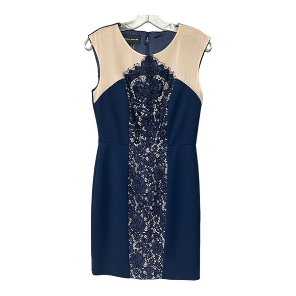Donna Morgan Floral Lace Sheath Dress Navy Tan Color Block Midi Wedding Guest - Picture 3 of 10